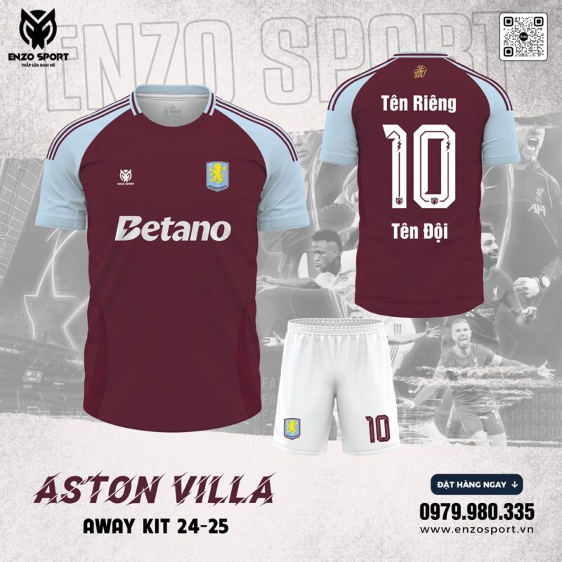 Áo Bóng Đá Aston Villa Sân Khách 2025 Màu Đỏ Rượu