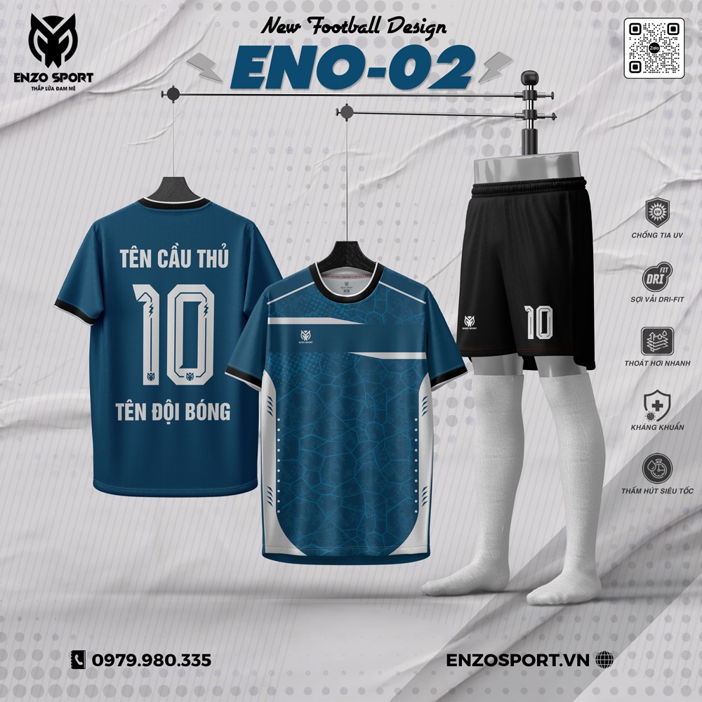 Áo Bóng Đá Không Logo ENO-02 Màu Xanh Lam