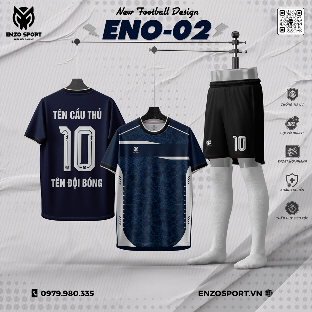 Áo Bóng Đá Không Logo ENO-02 Màu Xanh Than