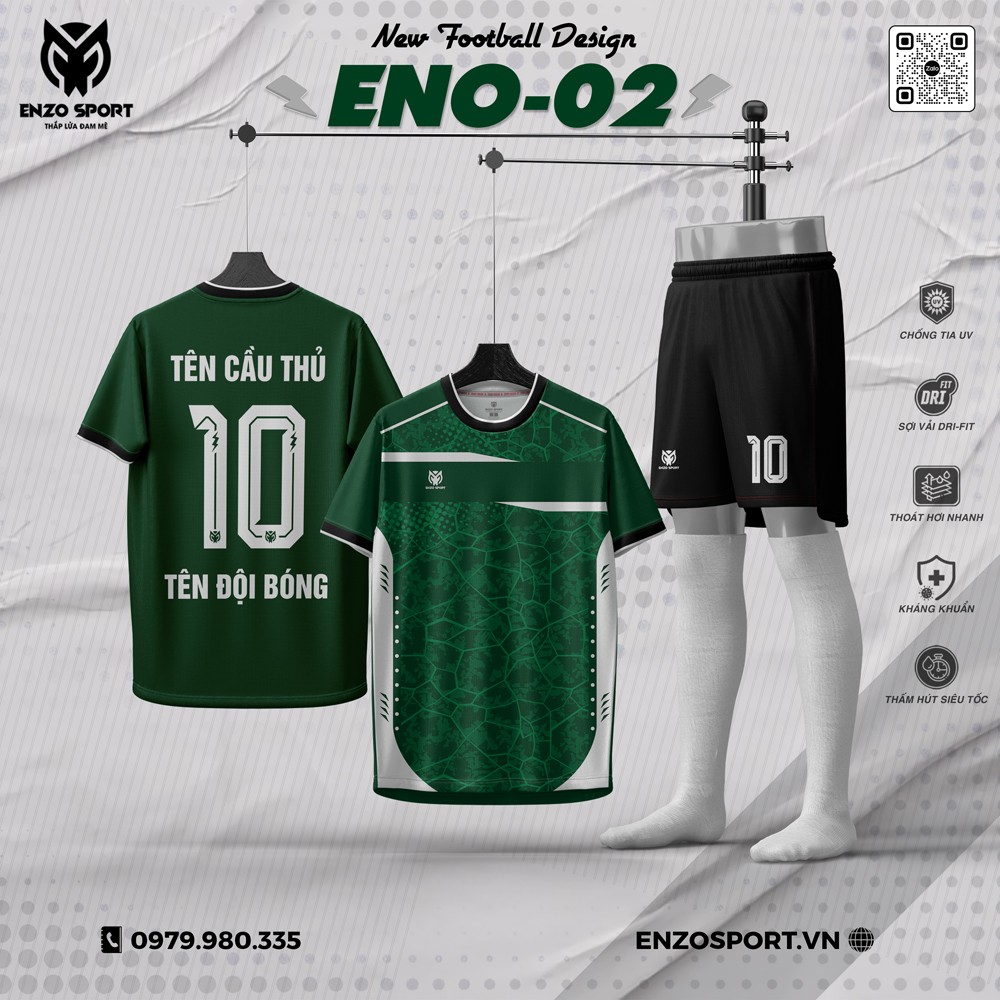 Áo Bóng Đá Không Logo ENO-02 Màu Xanh Ve Chai