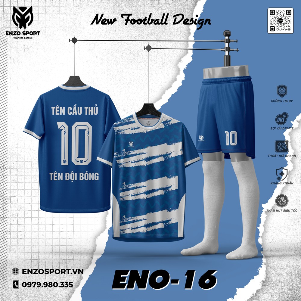 Áo Bóng Đá Không Logo ENO-16 Màu Xanh Dương