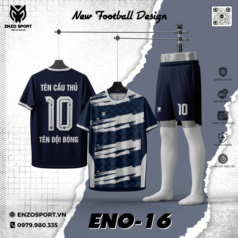 Áo Bóng Đá Không Logo ENO-16 Màu Xanh Than