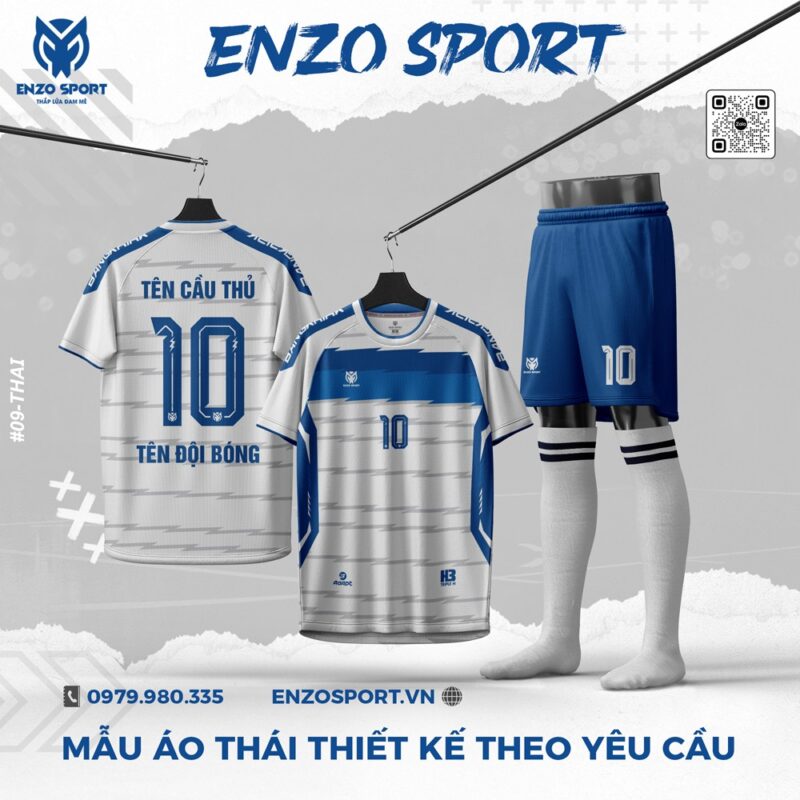 Áo Bóng Đá Enzo Sport Phối Trắng Xanh – Thiết Kế Theo Yêu Cầu