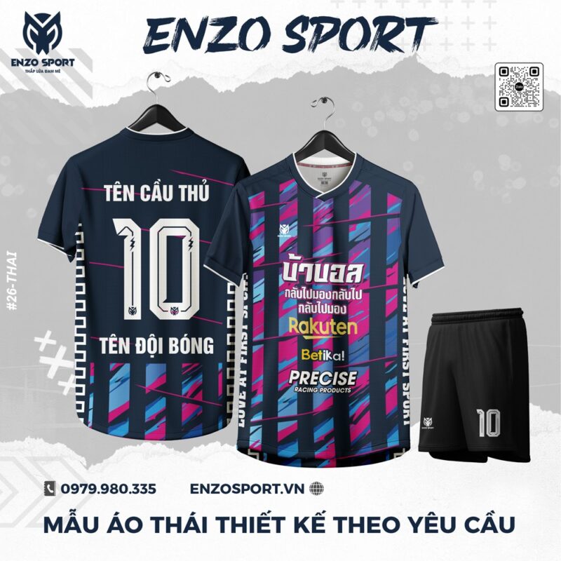 Áo Bóng Đá Thiết Kế Xanh Đen Phối Hồng Tím Than