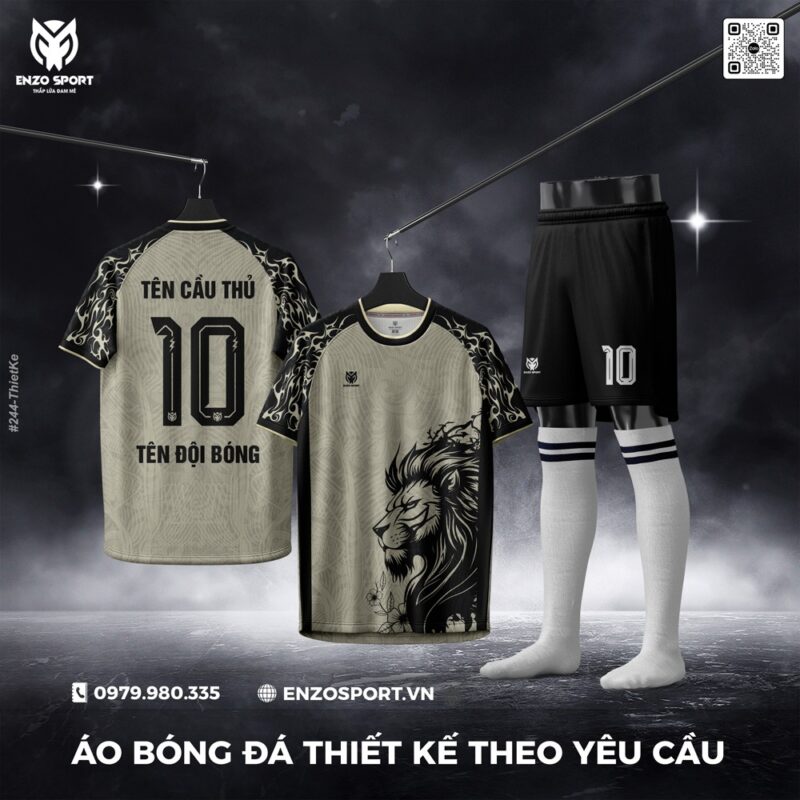 Áo Bóng Đá Thiết Kế Màu Xám Bạc Ánh Kim – Họa Tiết Sư Tử Mạnh Mẽ