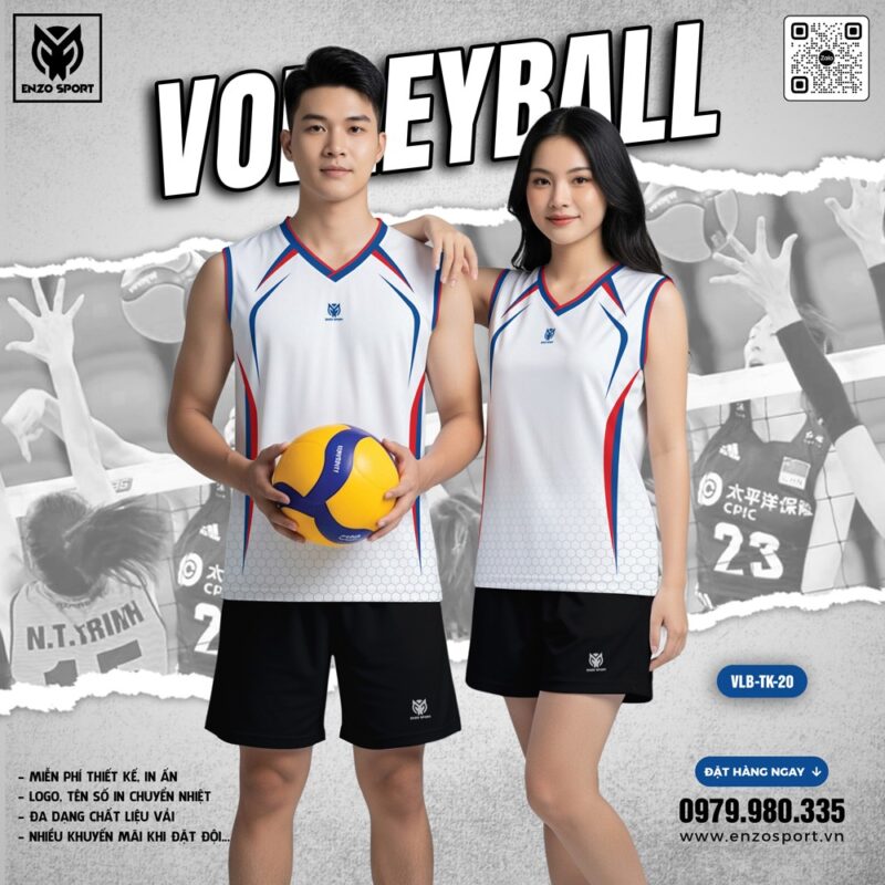 Áo bóng chuyền thiết kế trắng phối xanh đỏ - Unisex thể thao