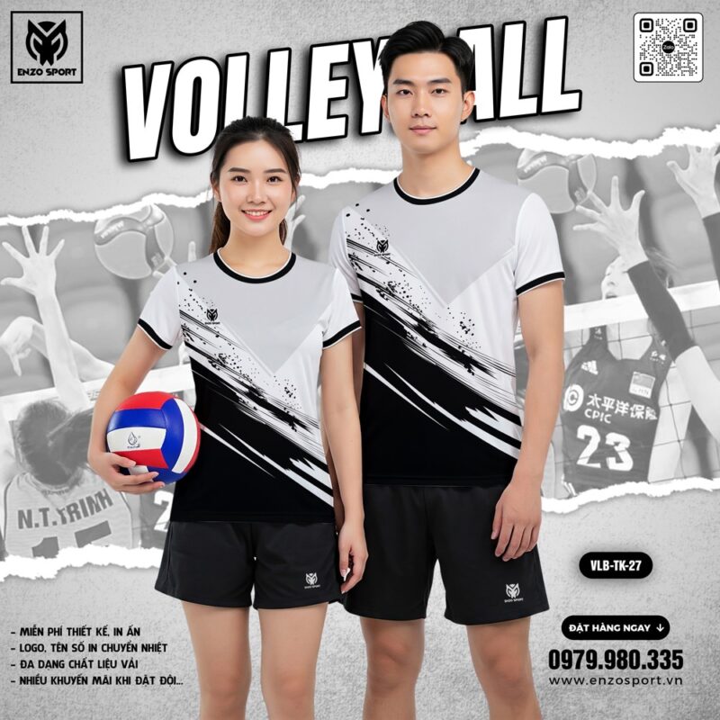 Áo Bóng Chuyền Thiết Kế Trắng Đen ENZO SPORT VLB-TK-27