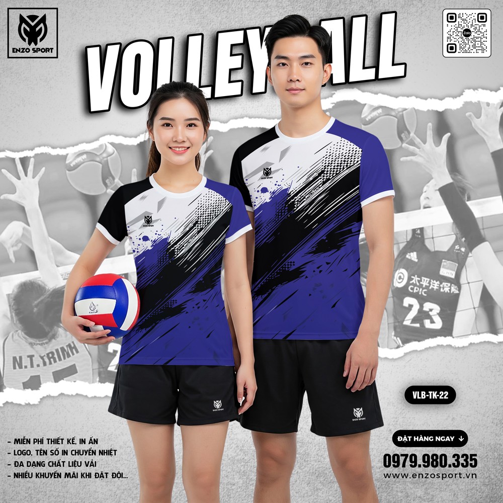 Áo bóng chuyền Enzo Sport VLB-TK-22 xanh dương thiết kế phá cách dành cho nam và nữ