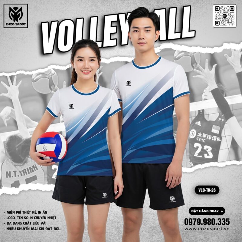 Đồng Phục Bóng Chuyền Enzo Sport VLB-TK-26 Trắng Xanh