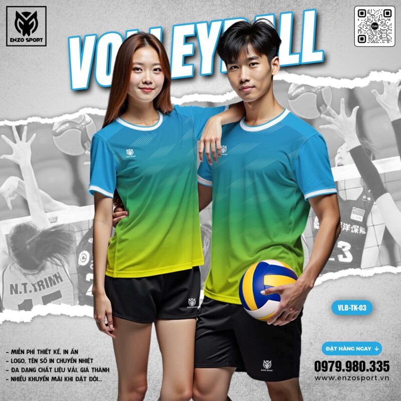 Áo bóng chuyền Enzo Sport phối màu xanh dương - xanh lá - vàng neon