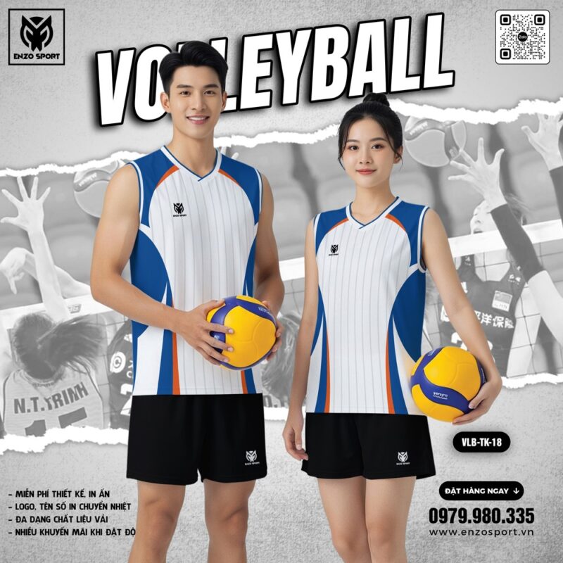 Áo Bóng Chuyền Trắng Unisex – Phối Màu Xanh Cam Năng Động