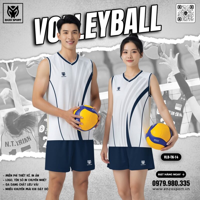 Quần Áo Bóng Chuyền Enzo Sport Trắng Navy Thiết Kế Thể Thao