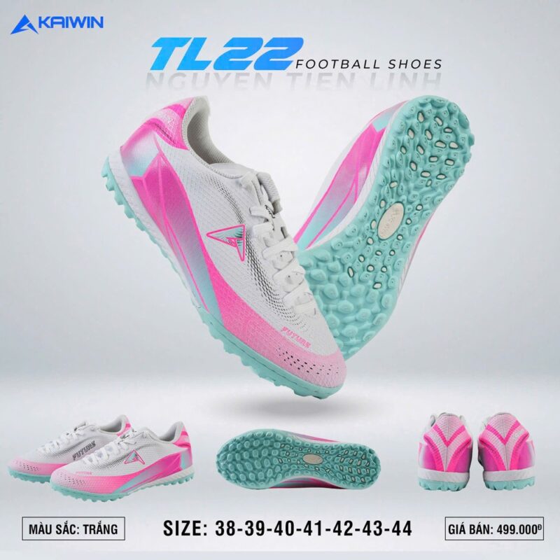 Giày đá bóng Kaiwin TL22 – Trắng phối hồng neon, đế xanh ngọc