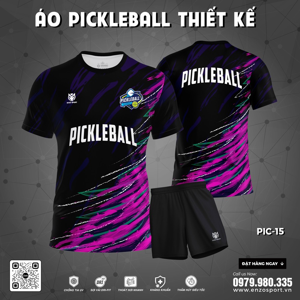 Áo Pickleball thiết kế PIC-15 đen bóng phối màu nghệ thuật
