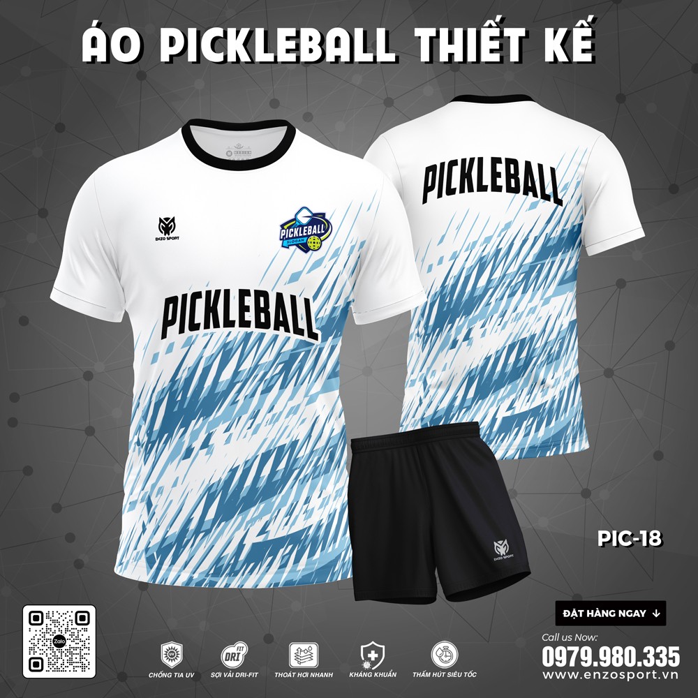 Áo Pickleball trắng họa tiết xanh phối cổ đen chất liệu DRI-FIT