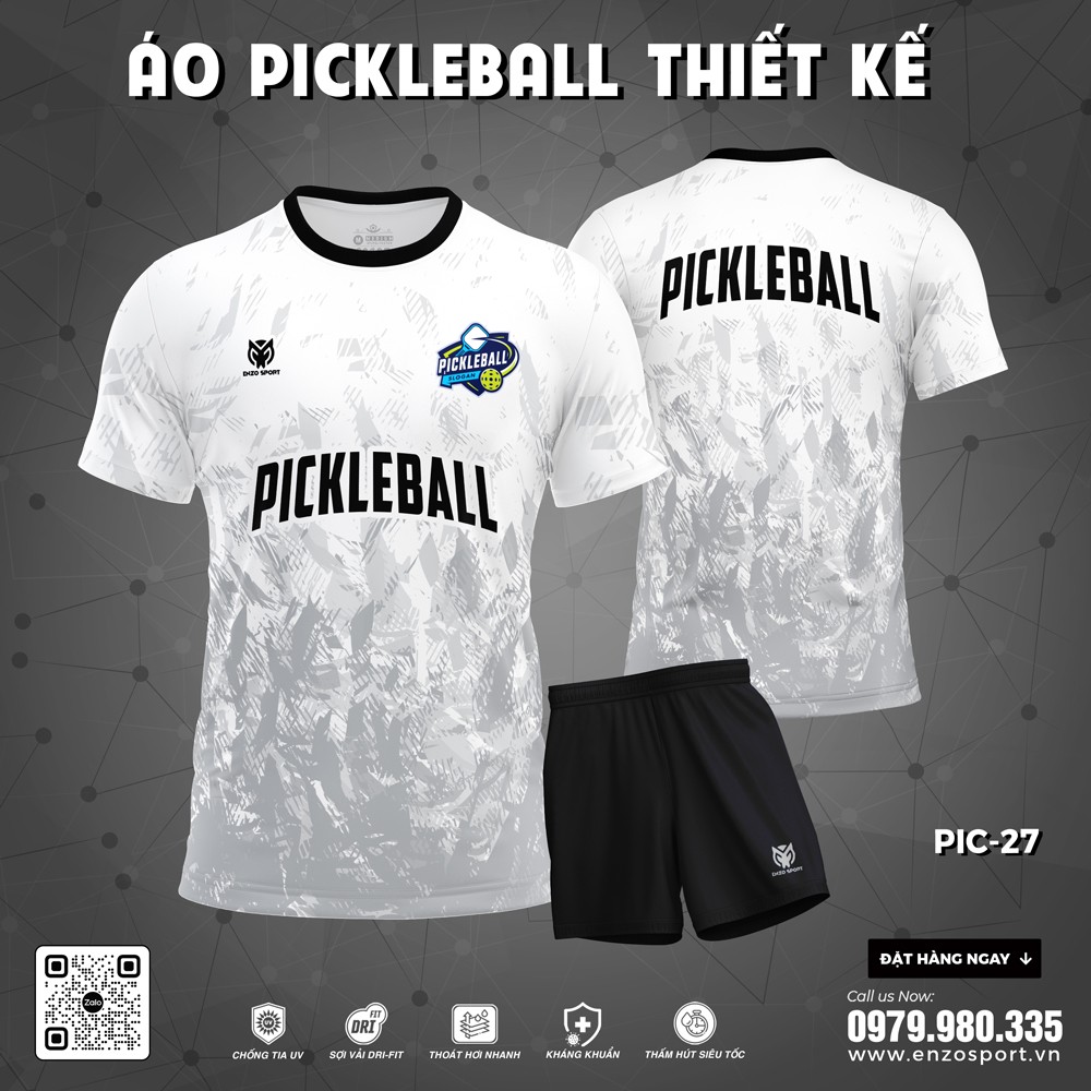 Áo thể thao Pickleball trắng họa tiết xám phối logo xanh vàng