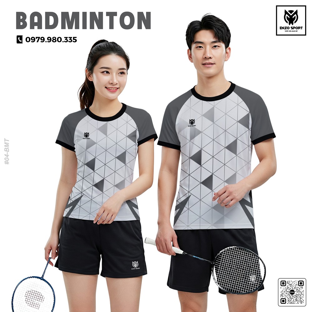 Áo cầu lông ENZO SPORT màu trắng xám đen với thiết kế họa tiết 3D