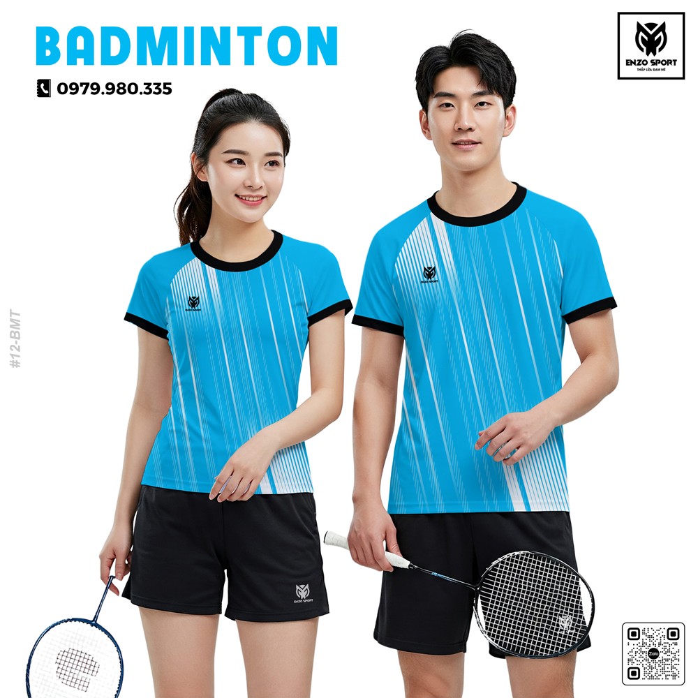 Áo cầu lông unisex màu xanh dương phối sọc trắng và viền đen - Thiết kế năng động cho nam nữ