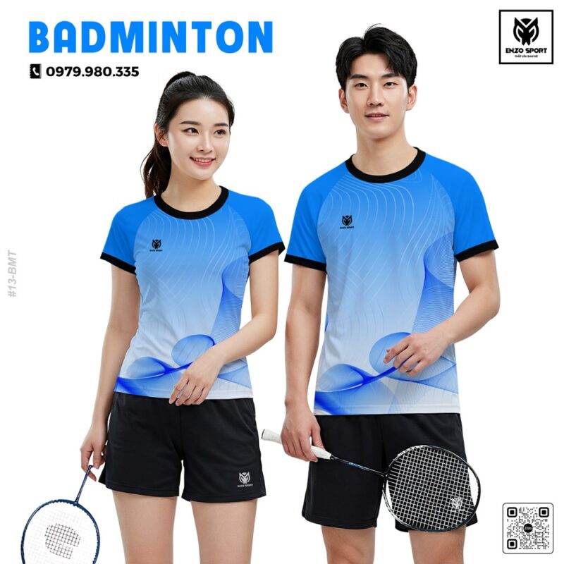 Áo cầu lông Enzo Sport xanh dương trắng thiết kế hiện đại