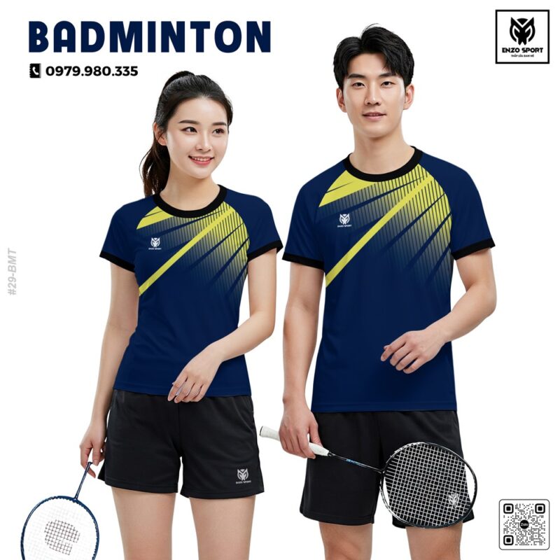 Áo cầu lông nam nữ unisex xanh navy phối vàng neon thời trang thể thao