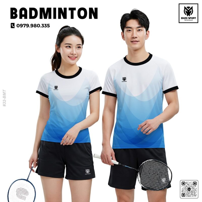 Bộ đồ cầu lông trắng xanh đen Enzo Sport thiết kế unisex năng động