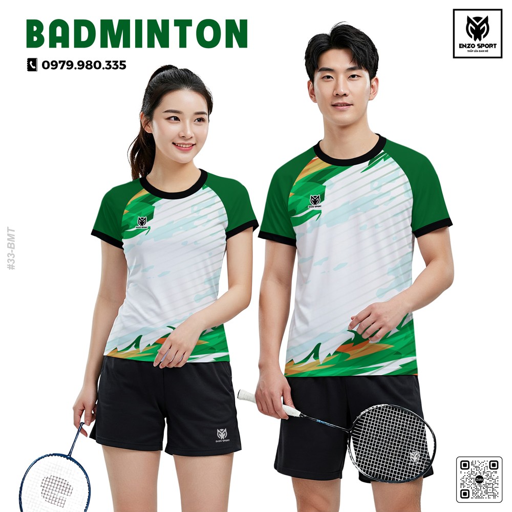 Áo cầu lông trắng xanh lá năng động EnzoSport