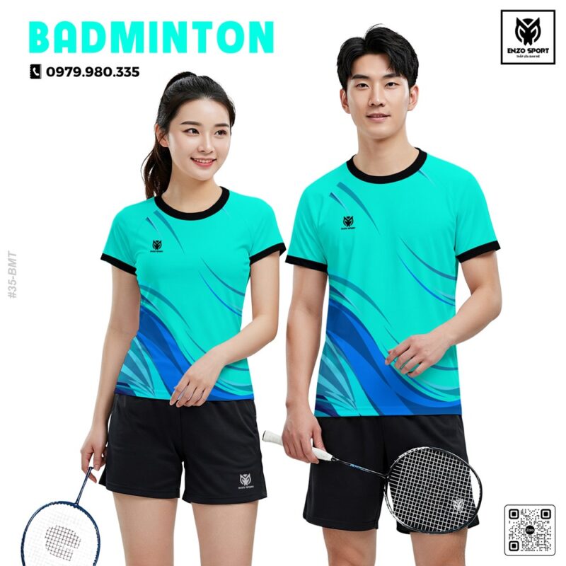 Áo cầu lông xanh ngọc unisex thiết kế thể thao năng động