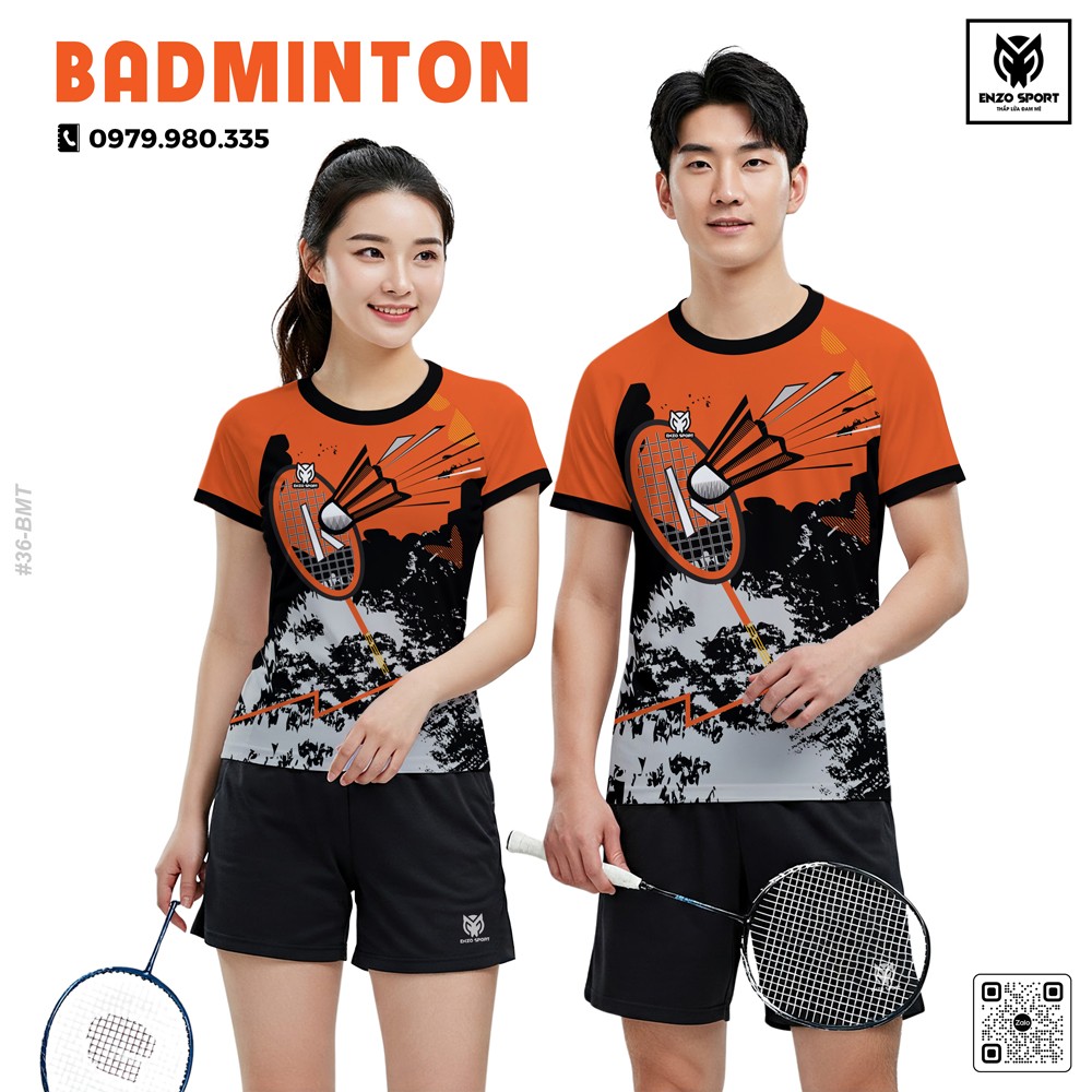 Áo cầu lông cam cháy thiết kế thể thao, unisex, chất liệu thoáng khí
