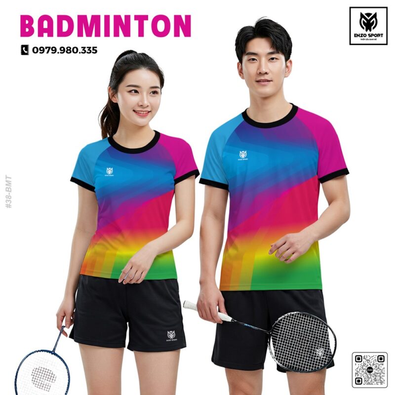 Áo cầu lông ENZO SPORT phối màu xanh dương – hồng nổi bật