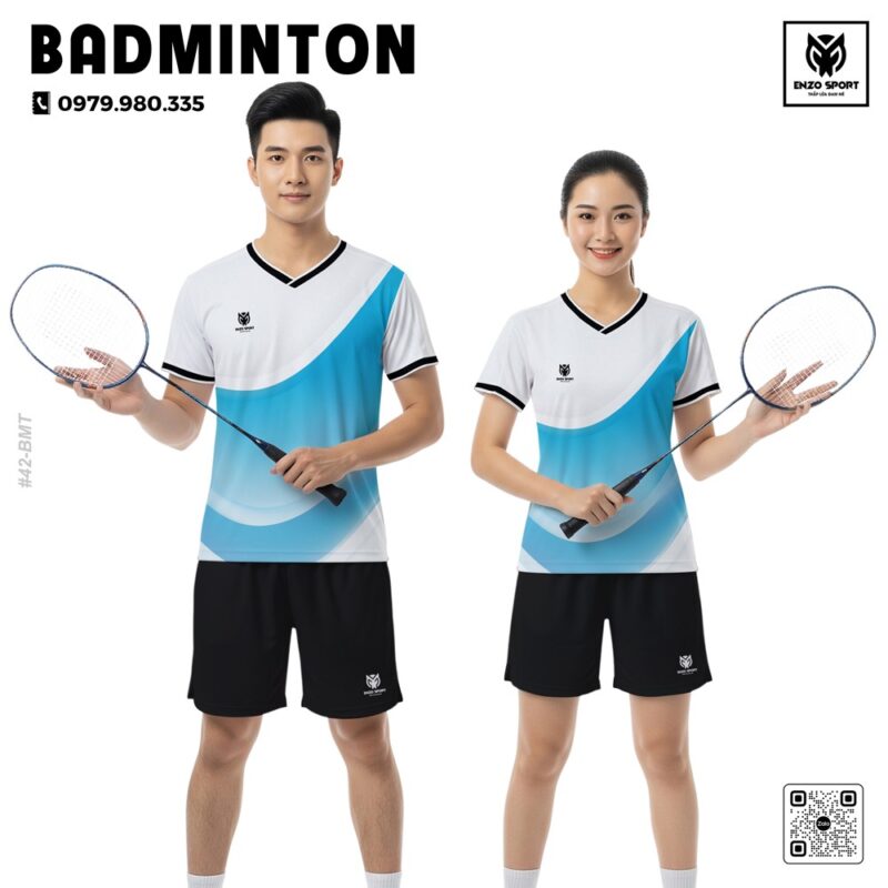 Áo cầu lông unisex trắng xanh dương thiết kế gradient năng động