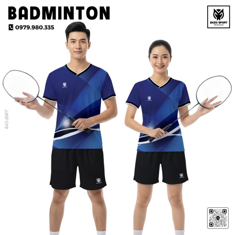 Áo cầu lông xanh navy thiết kế geometric nam nữ unisex - Thoáng khí, năng động