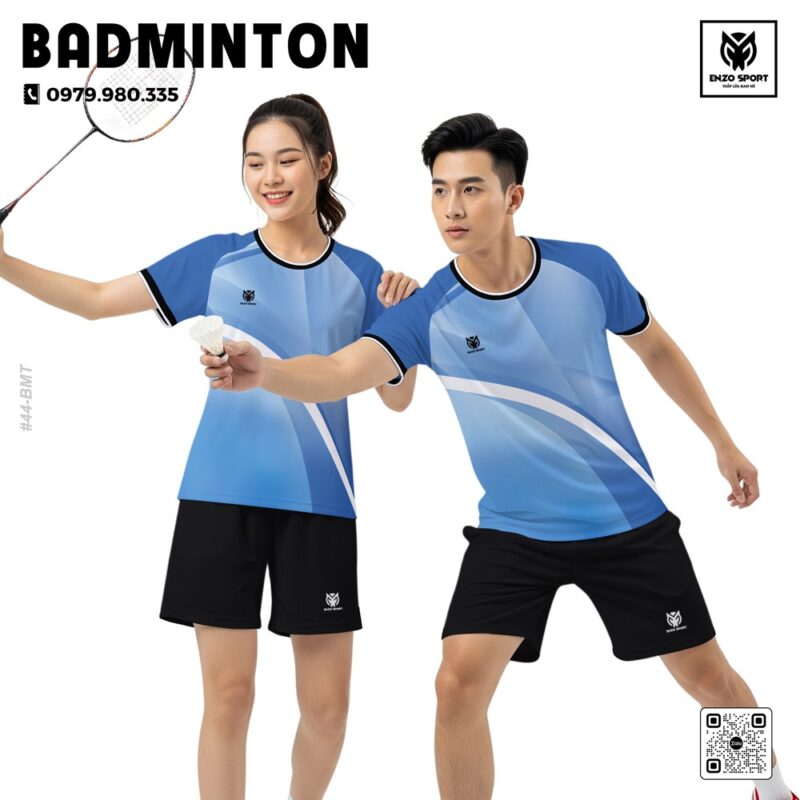 Áo cầu lông ENZO SPORT xanh dương phối sọc trắng - Mẫu 41