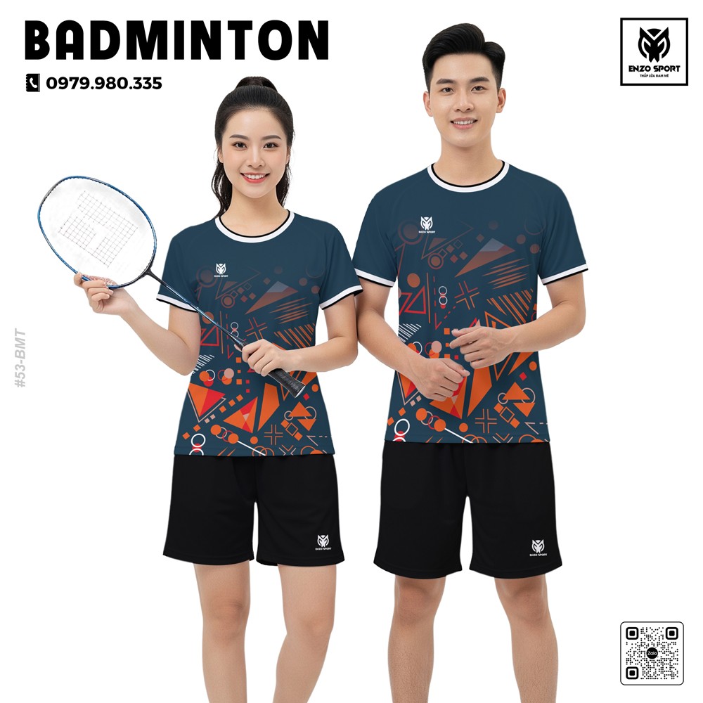 Áo cầu lông thiết kế unisex màu navy phối họa tiết cam đỏ