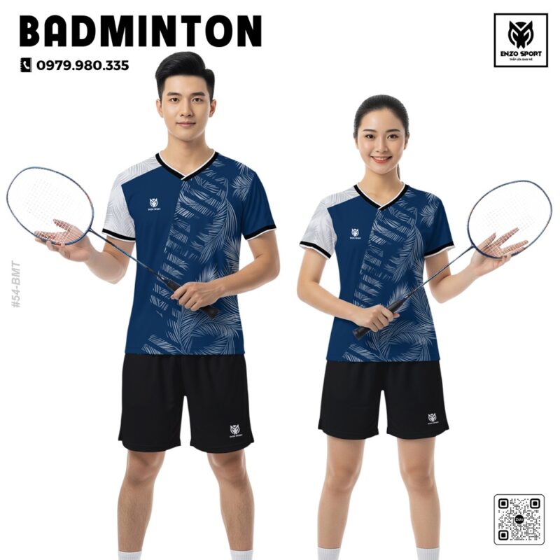 Áo cầu lông nam nữ Enzo Sport xanh navy họa tiết lá