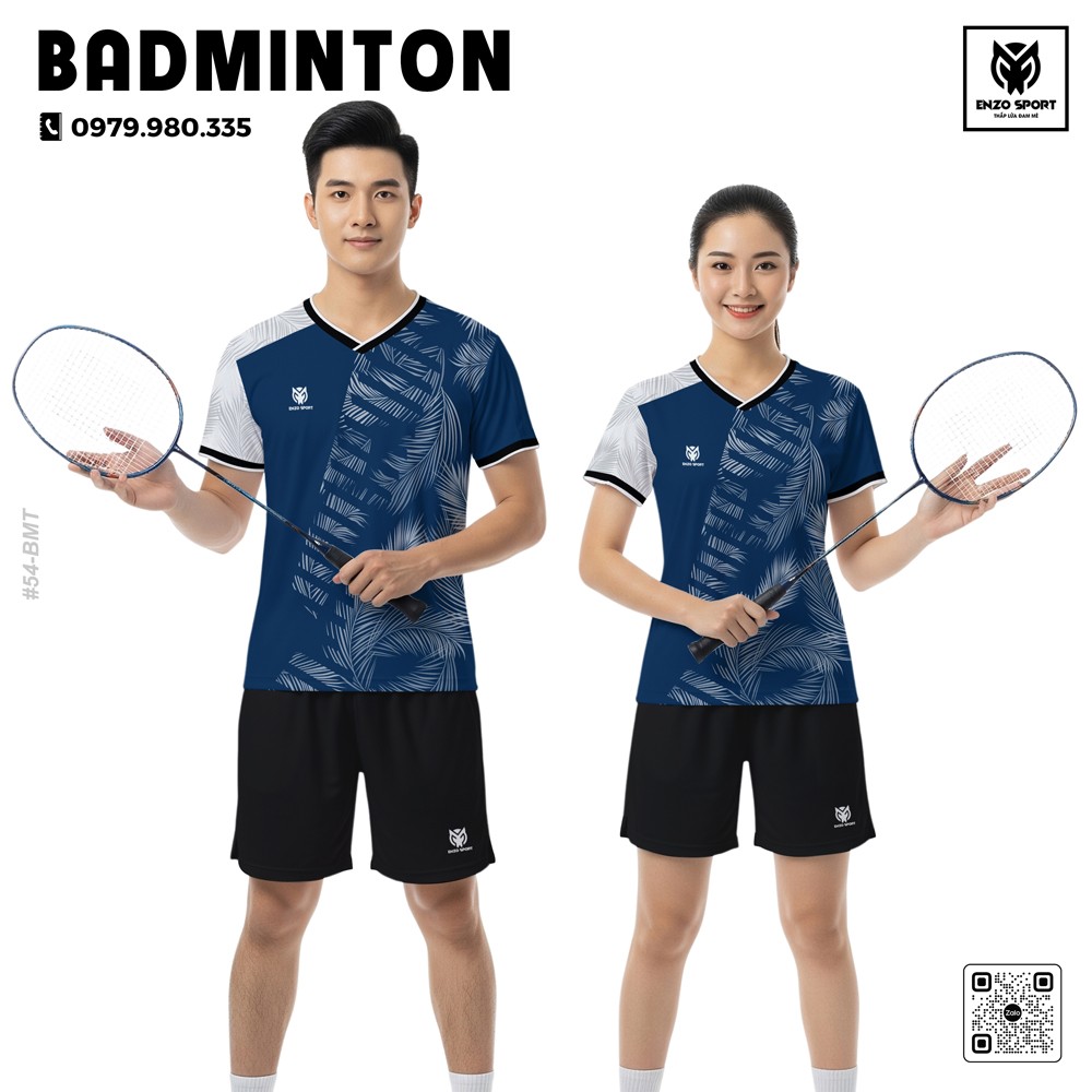 Áo cầu lông Enzo Sport mẫu xanh navy họa tiết lá độc đáo