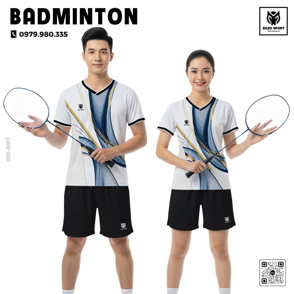 Áo cầu lông trắng phối navy Enzo Sport thiết kế thể thao năng động