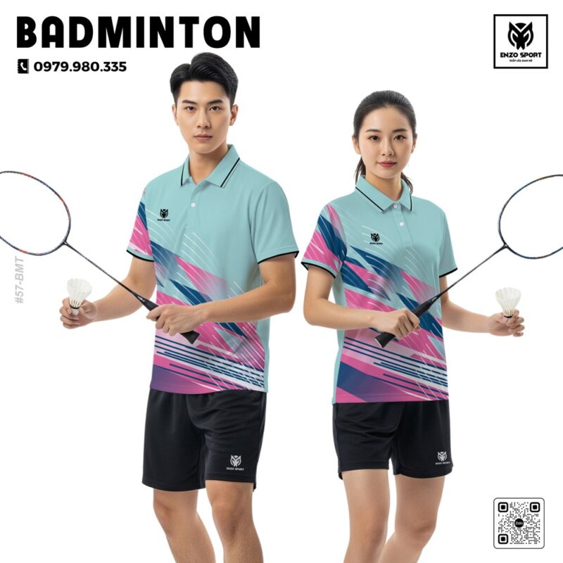 Áo Cầu Lông Xanh Pastel Phối Hồng Tím - Thiết Kế Unisex Năng Động