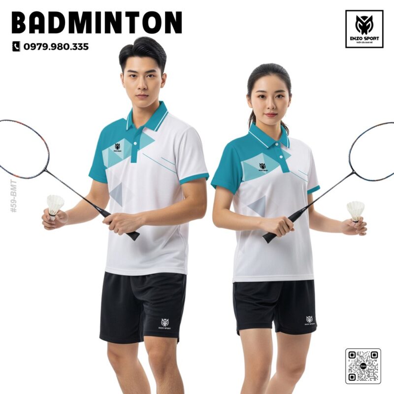 Áo Cầu Lông Enzo Sport Màu Trắng Xanh Ngọc Thiết Kế Năng Động