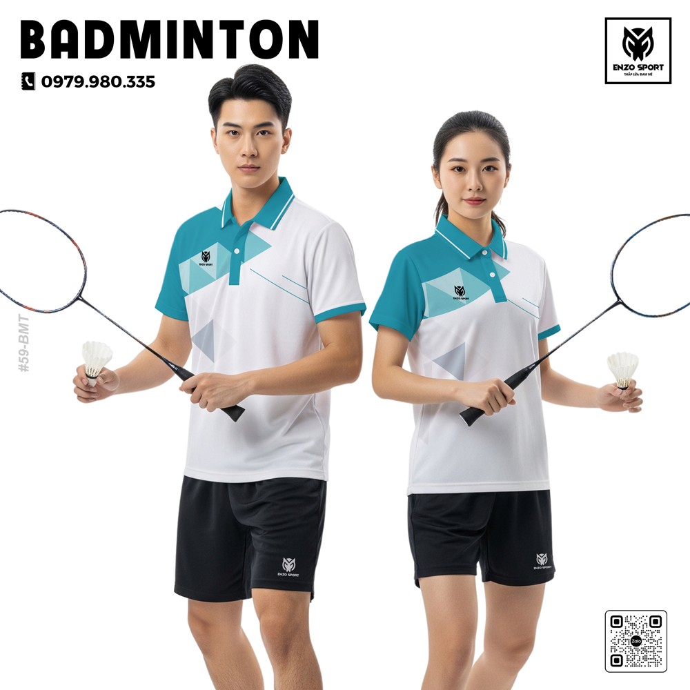 Áo cầu lông Enzo Sport trắng phối xanh ngọc thiết kế năng động
