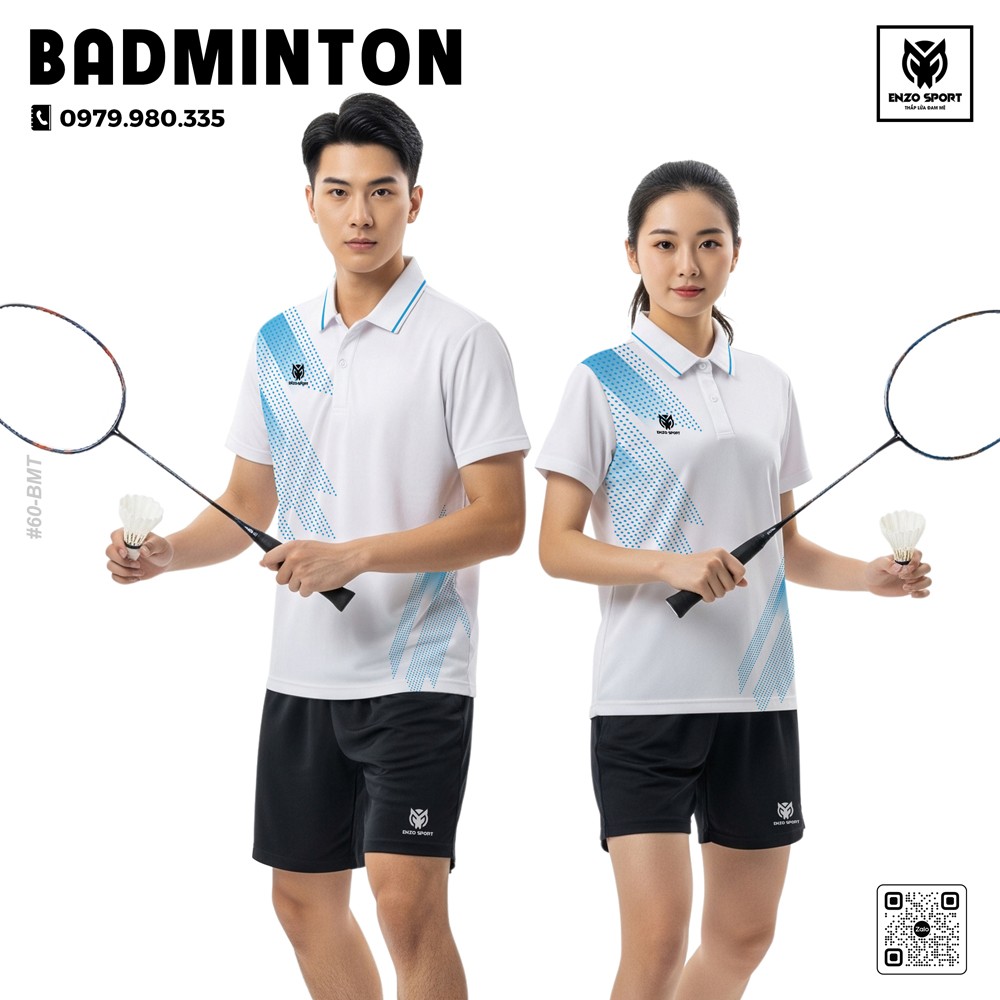Áo cầu lông Enzo Sport trắng xanh kiểu dáng thể thao năng động