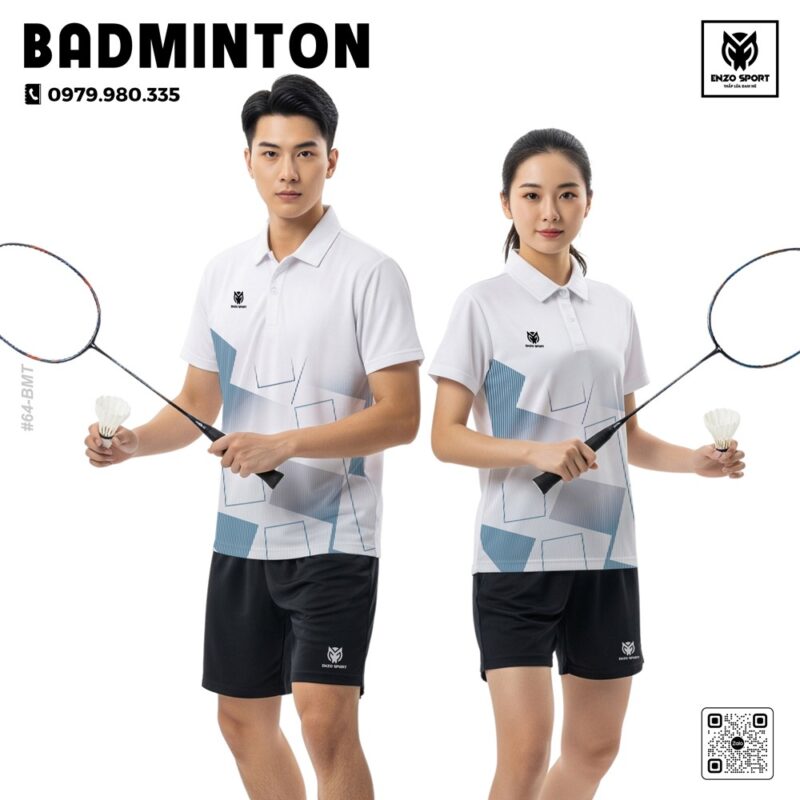 Áo cầu lông trắng xanh pastel thiết kế thể thao năng động – Enzo Sport