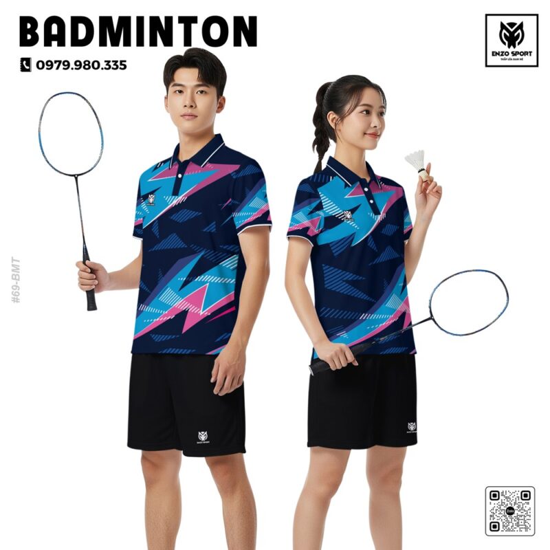 Áo cầu lông ENZO SPORT xanh navy phối hồng neon thiết kế nổi bật