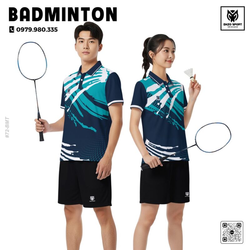 Áo cầu lông unisex xanh navy phối xanh ngọc hiện đại