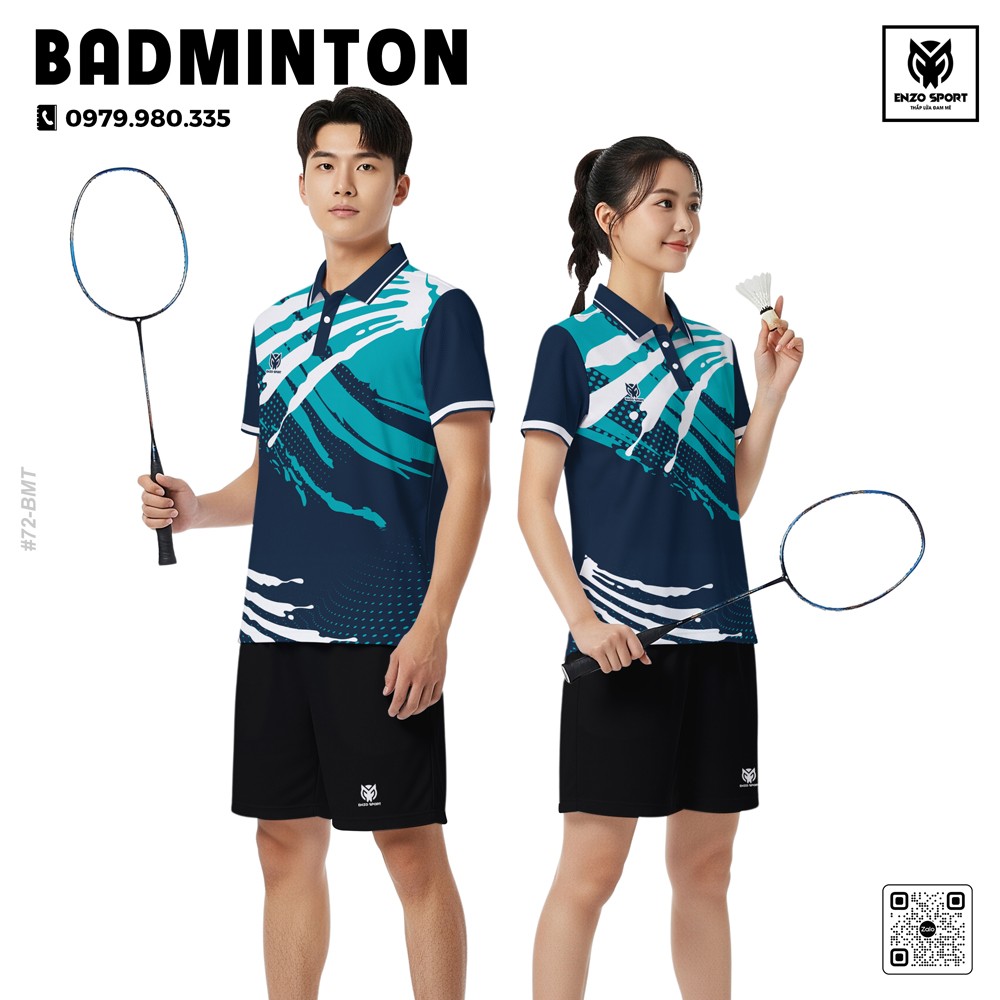 Áo cầu lông unisex xanh navy phối xanh ngọc thiết kế thời trang