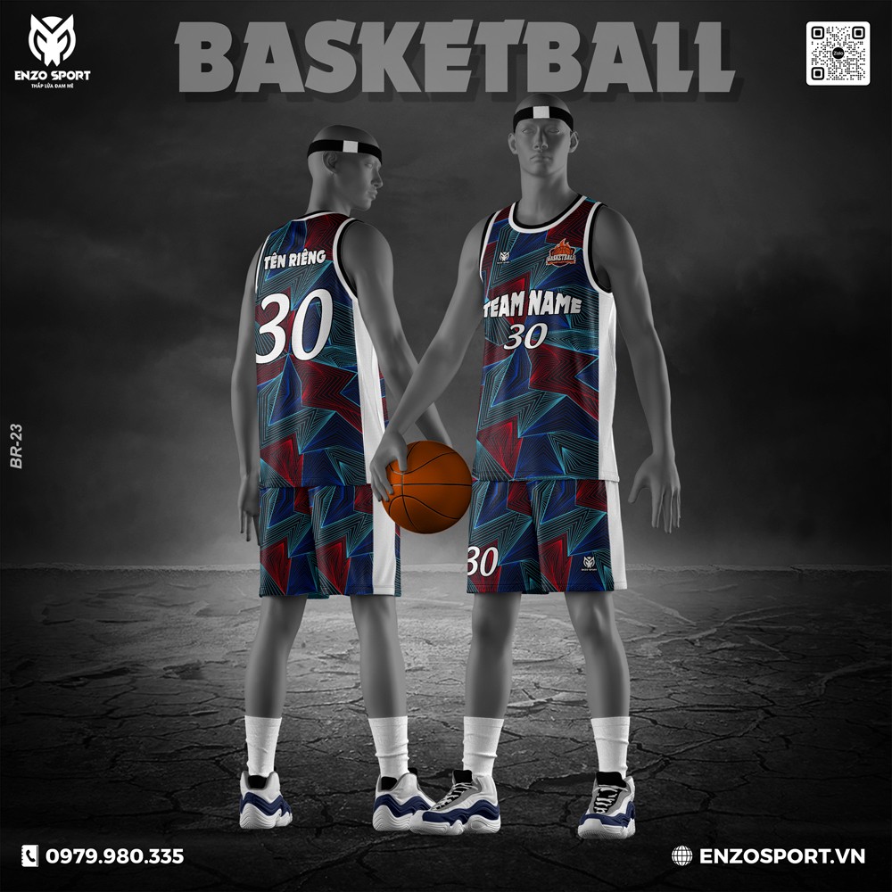 Áo bóng rổ EnzoSport phối màu xanh navy, đỏ đô và xanh ngọc