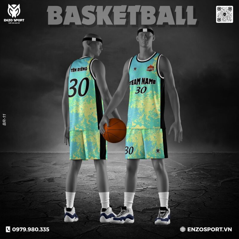 Bộ đồng phục bóng rổ Enzo Sport xanh aqua loang vàng