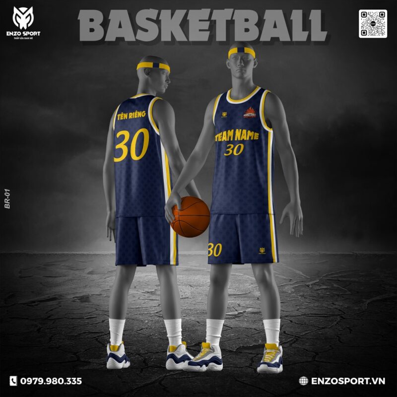 Đồng phục bóng rổ xanh navy phối vàng - Thiết kế Enzo Sport cá tính & chuyên nghiệp