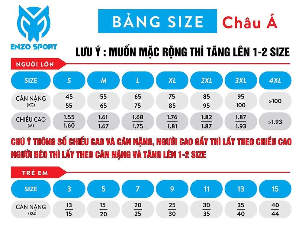 Bảng size áo thể thao