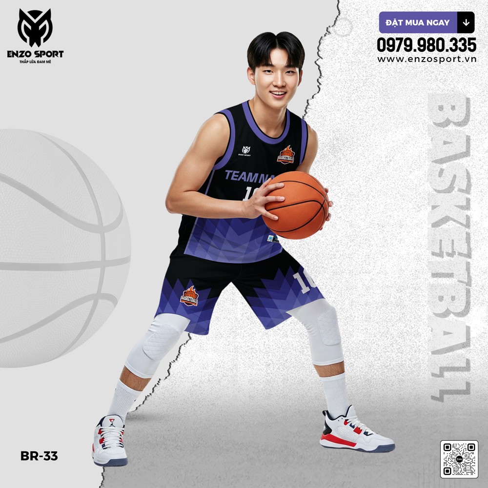 Đồng phục bóng rổ Enzo Sport BR-33 màu tím than phối đen trắng