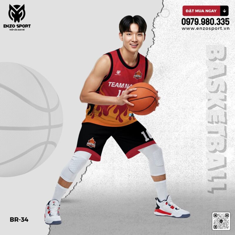 Áo Bóng Rổ Enzo Sport BR-34 Màu Đỏ Cam Đen - Lửa Chiến Thắng